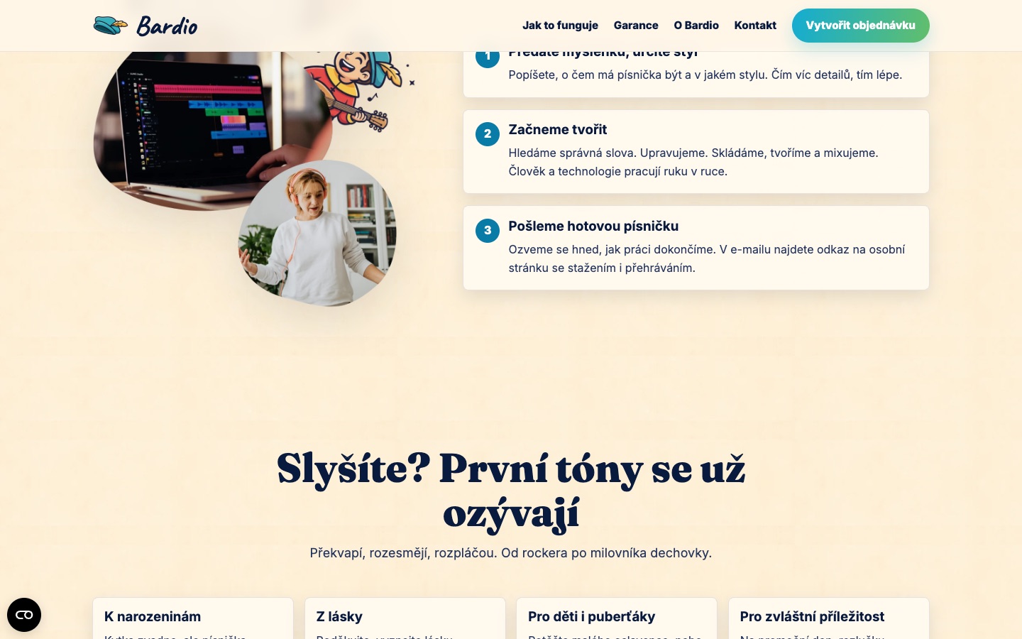 Sekce webu Bardio s postupem tvorby a příležitostmi k darování
