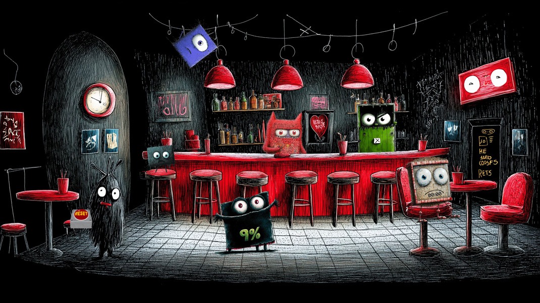 Ilustrace klubu Dark Patterns – temný bar plný textových mršek