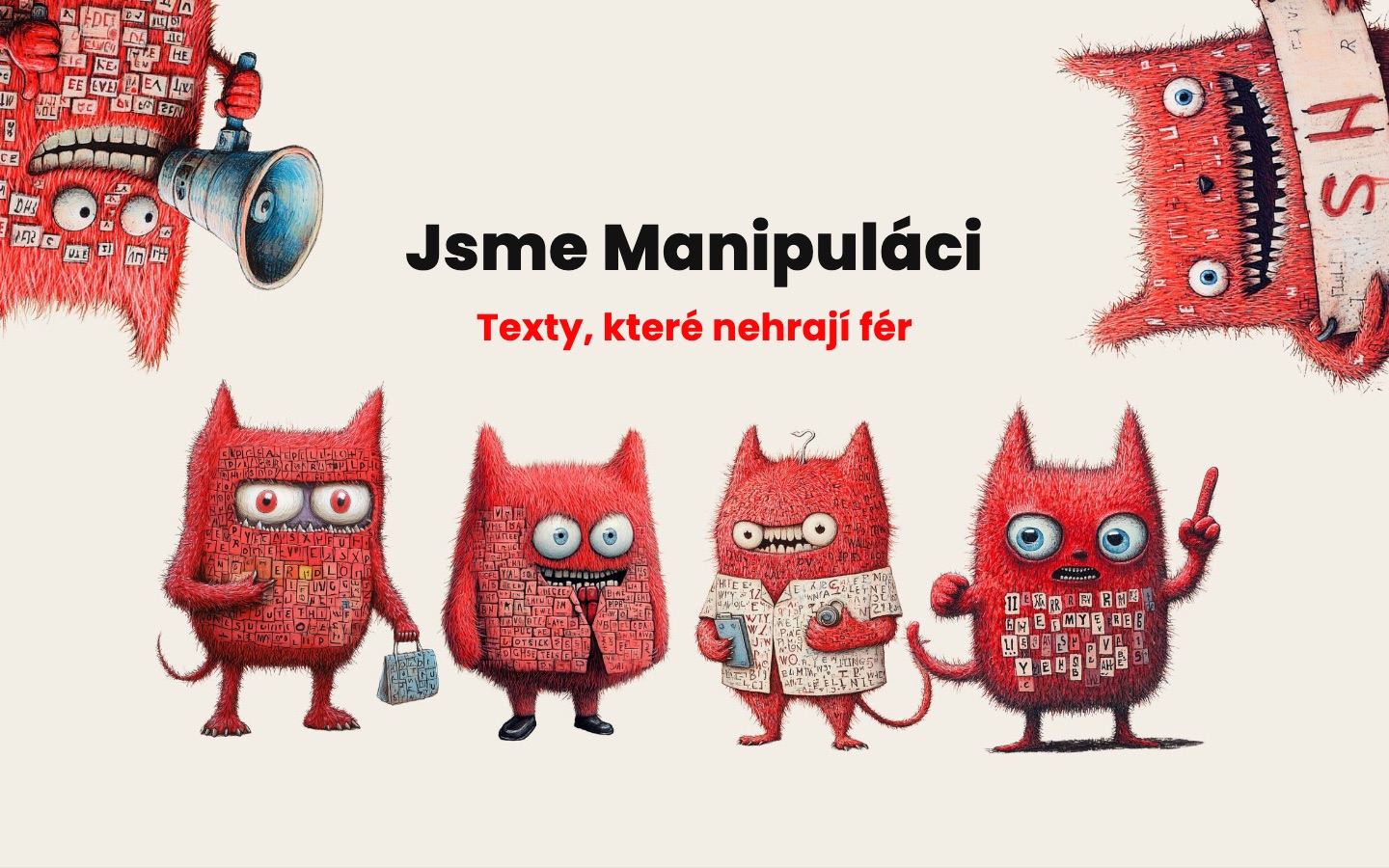 Úvod webu manipulaci.cz – čtyři červené textové mršky vítají návštěvníka