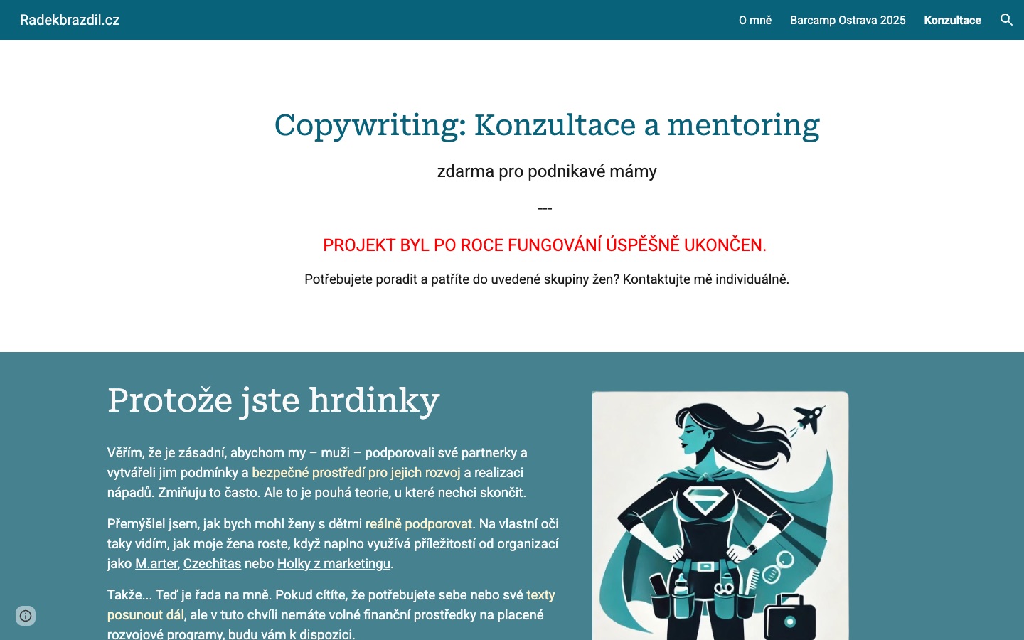Web projektu Konzultace pro podnikavé mámy se sekcí Protože jste hrdinky